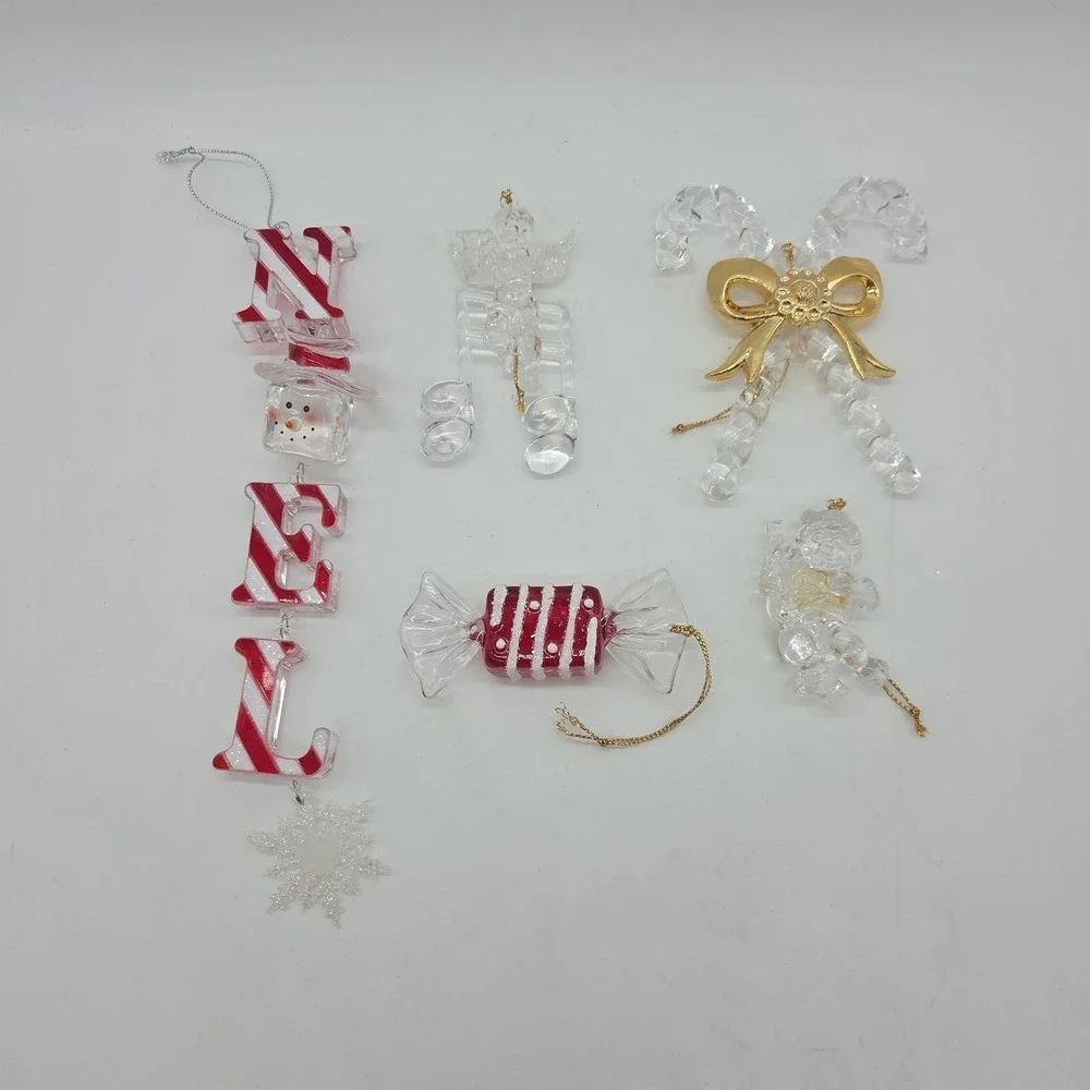 Lot Christmas Ornaments Noel Candycane Snowman Candy Angel Acrylic Red Gold